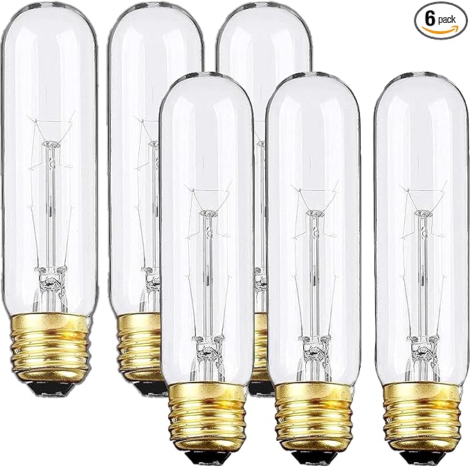 6 Pack T10 Tubular Light Bulbs, 40W Bulb, Clear Incandescent, E26 Medium Base, Warm White, Dimmable Vintage Tubular Style Showcase Bulb