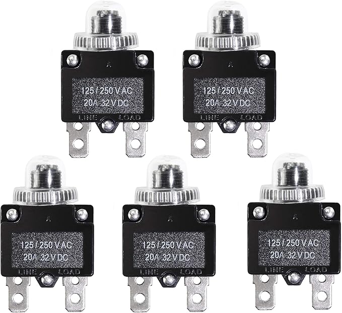 5PCS 20Amp Circuit Breakers with Push Button Reset with Quick Connect Terminals and Waterproof Button Cap