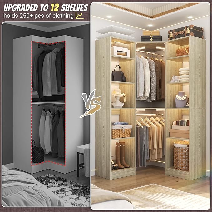 Corner Closet System with 12 Shelves, 39.2" Corner Closet Organizer System with 2 Hanging Rods, Versatile 6-Tier Walk-in Closets for Corner Space, White Oak (39.2" L x 39.2" W x 80" H)