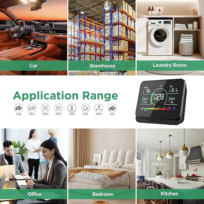 13-in-1 Air Quality Monitor Indoor with Beep Alarm, 6AQI Air Quality Detector with PM1.0 | PM2.5 | PM10 | Temp | CO2 | Formaldehyde | HUM Tester for Home Office Plant (Cool Black)