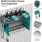 CCCEI Modular Power Tool Organizer Wall Mount with Charging Station. Garage 4 Drill Storage Shelf with Hooks, Drill Bit Heavy Duty Rack, Navy Blue Tool Battery Holder Built in 8 Outlet Power Strip.