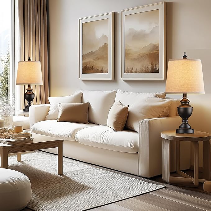 PARTPHONER Retro Table Lamps Set of 2, Bedside Lamp for Bedroom Rustic Farmhouse Table Lamps for Living Room, Vintage Nightstand Lamps with White Shades, Matte Black