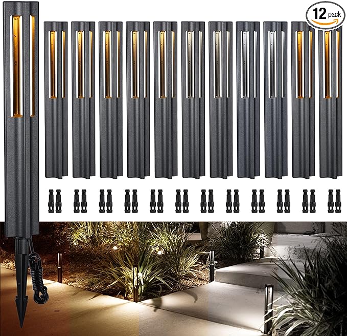 LEONLITE 12-Pack 5CCT Low Voltage Path Lights, Update 1800K2700K3000K4000K5000K Selectable, 3W LED Landscape Pathway Lights, Outdoor Landscape Lighting for Driveway, Aluminum, 12-24V, ETL, IP65, Black
