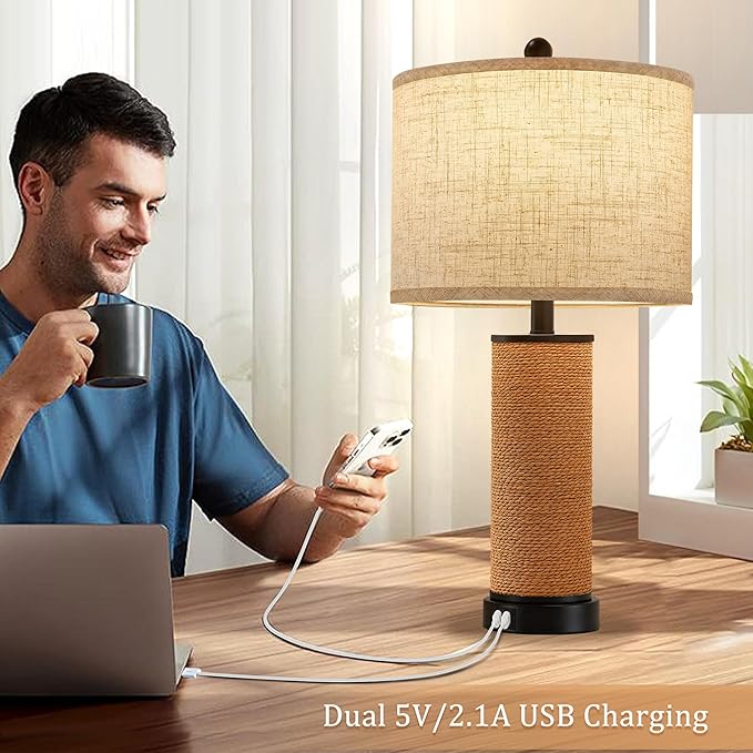 Set of 2 Rattan Table Lamps for Living Room with USB C+A Ports, 3 Color Temperature Nightstand Bedside Lamp Rocker Switch Coastal Lamps for Bedroom, Wicker Lamps for Living room (2 Bulbs Included)