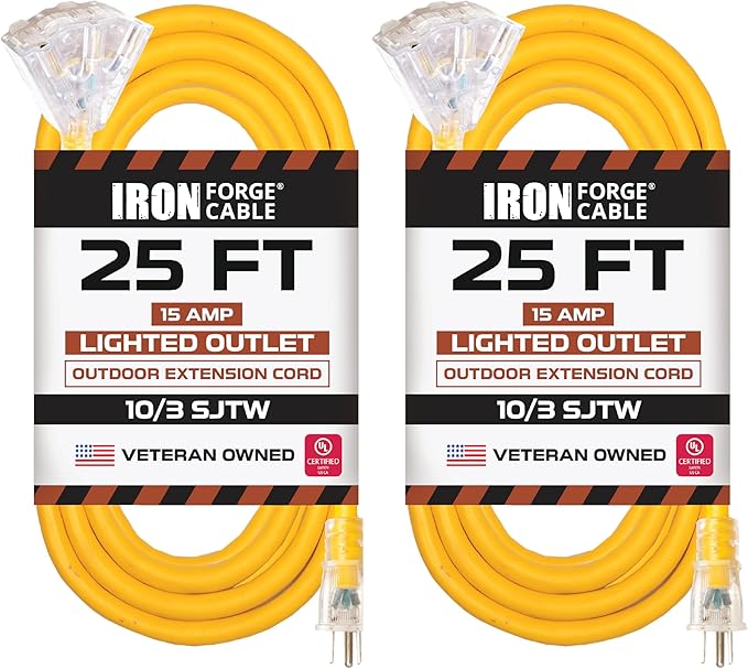 Iron Forge Cable 10 Gauge 25ft Lighted Outdoor Heavy Duty Extension Cord with 3 Outlets - 15 Amp 10/3 SJTW Yellow Extension Cord with Multiple Outlets - 2 Pack