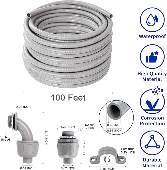 (1/2" Dia * 100 Feet) Yariwiz Flexible Electrical Conduit Liquid Tight PVC Conduit Kit with 5 PCS Coupling, 3 PCS Elbow and 10 PCS Strap, Sealtight Seal Flex Liquidtight Wire Outdoor Non Metallic Grey