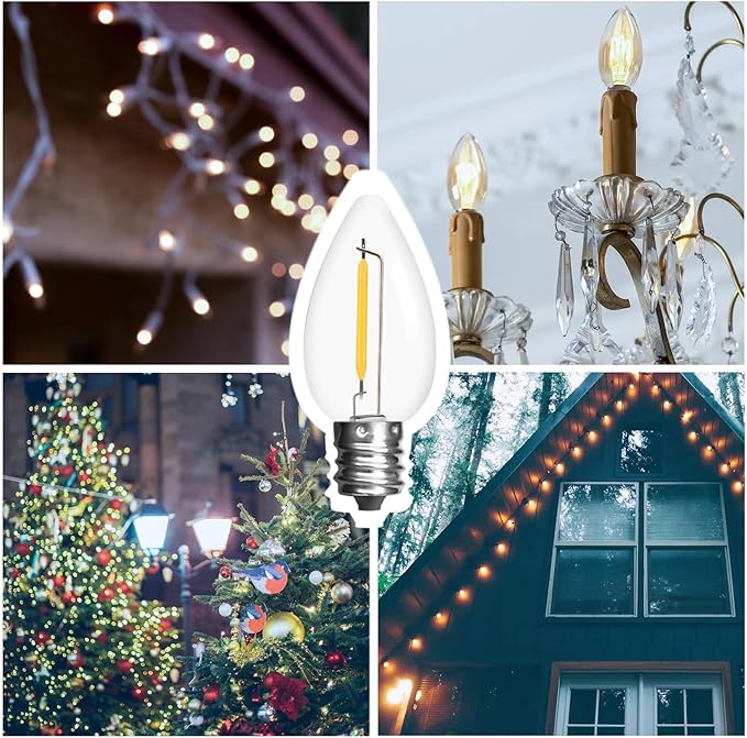 Jslinter 25Pack C7 LED String Light Bulbs Replacement, 5000K Daylight, W(11W Equivalent), 60LM, Shatterproof, E12 Screw Base, Vintage Edison Bulbs for Patio Garden