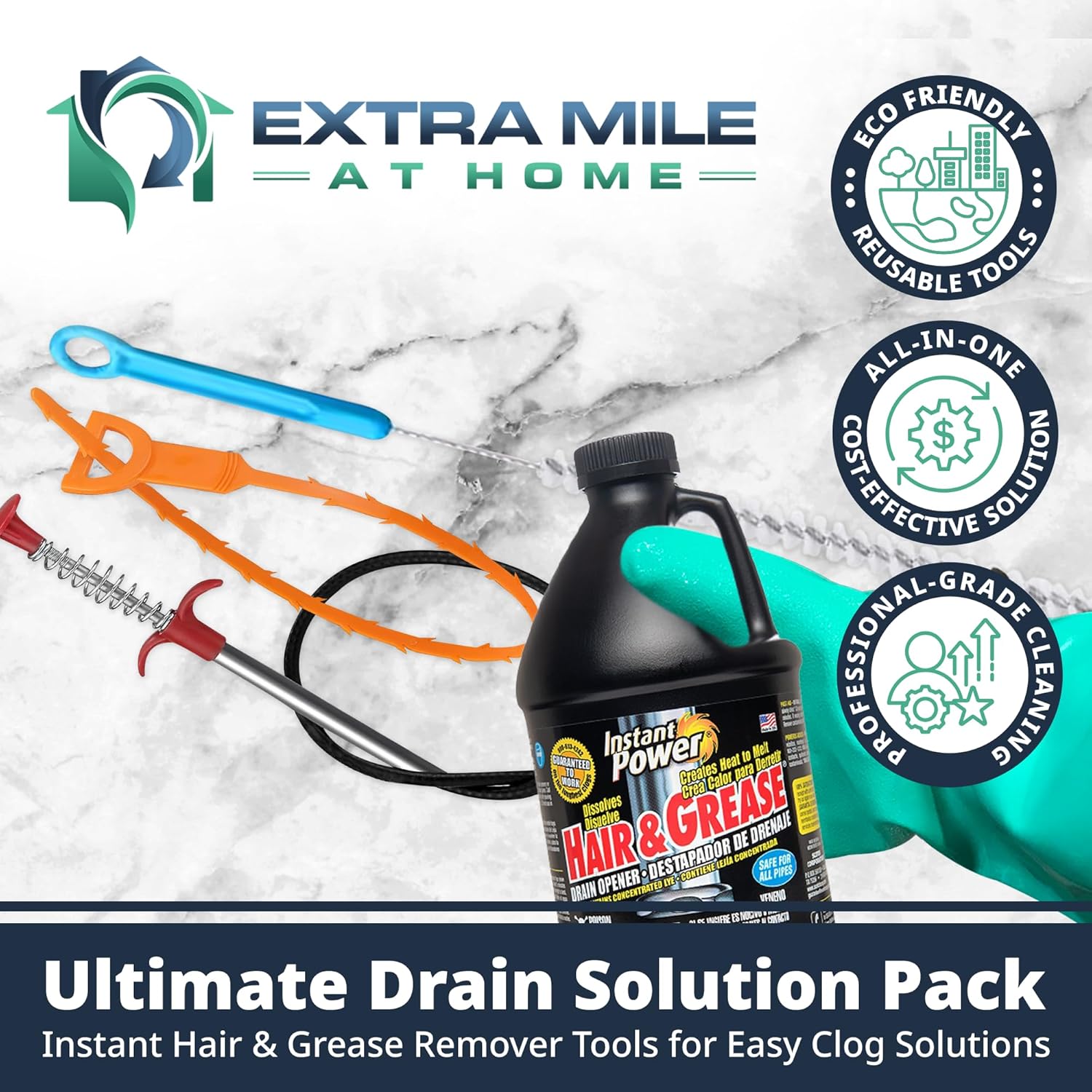 Ultimate Drain Solution Instant Power Hair & Grease Drain Cleaner Opener 2L Bundle with Drain Snake Hair Drain Clog Remover, and Protective Gloves