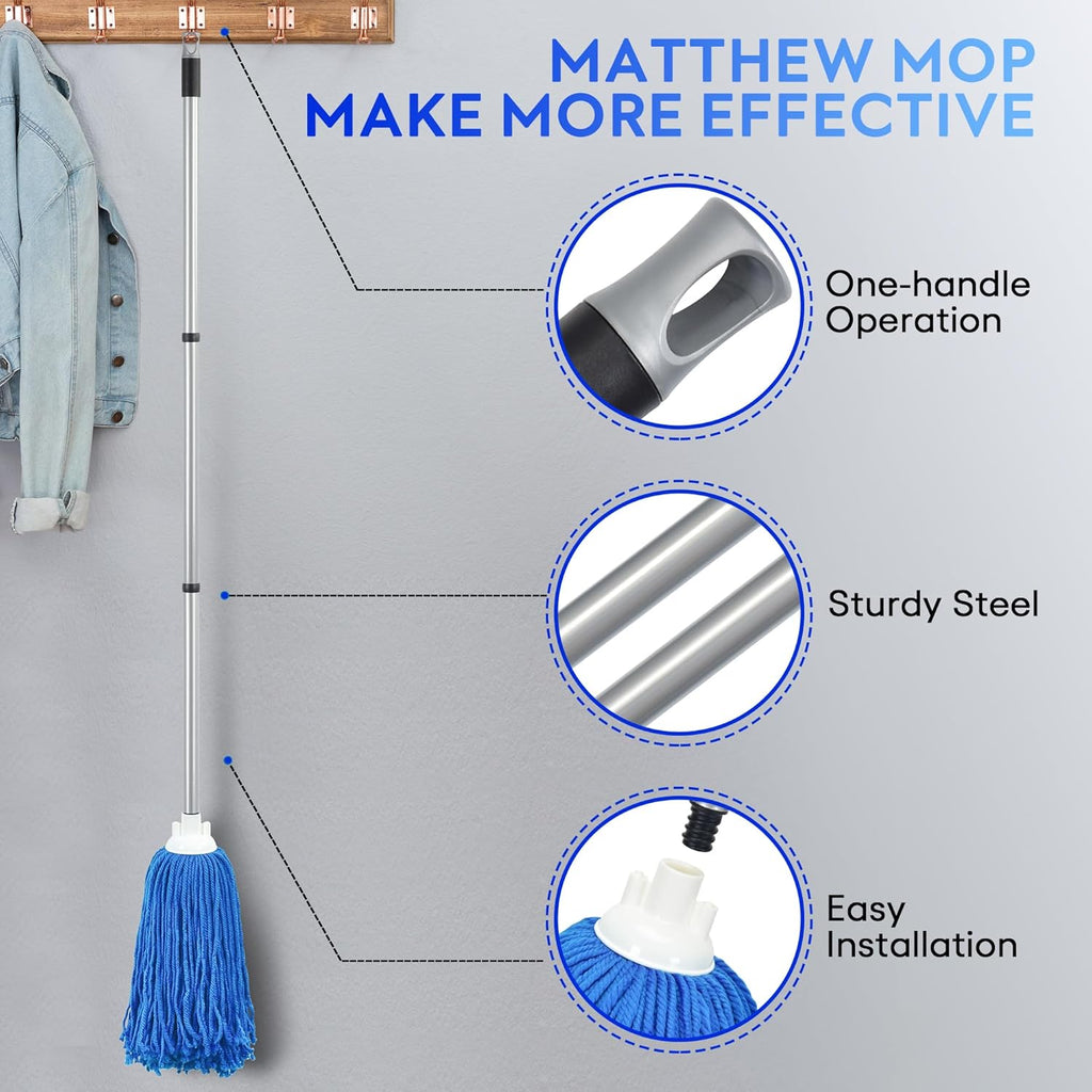 Matthew Microfiber Mop Replacement, Stainless Steel Spin Mop Handle with Wet Mop for Floor Cleaning (2 Mop Heads w/1 Handle) - Blue