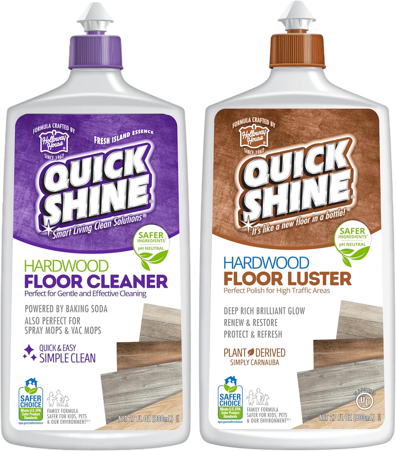 Quick Shine Hardwood Floor Cleaner & Wood Floor Polish w/Plant-Derived Carnauba 2-27oz Bottles, Removes Scratches, Safer Choice, A Clean That Can Be Seen