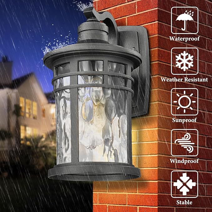 Darkaway Outdoor Porch Lights Wall Mount, Outside Light Fixtures Sconces Wall Lighting with Water Ripple Glass Waterproof Exterior Lights for Patio Yard House Hallway Doorway Garage