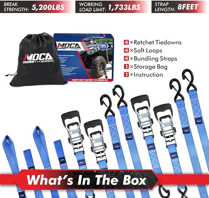 MOCA Blue Heavy Duty Ratchet Tie Down Straps - 5200 Lbs Breaking Strength 1.6" x 8', Includes 4 Heavy Duty Ratchet Padded Handles & Coated Chromoly S Hooks & 4 Soft Loop Tie-Downs