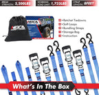 MOCA Blue Heavy Duty Ratchet Tie Down Straps - 5200 Lbs Breaking Strength 1.6" x 8', Includes 4 Heavy Duty Ratchet Padded Handles & Coated Chromoly S Hooks & 4 Soft Loop Tie-Downs