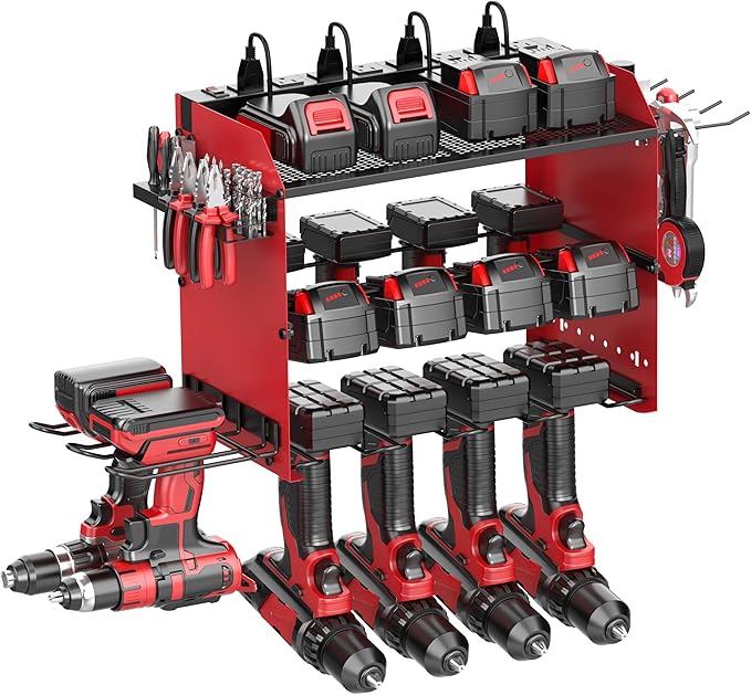 Wall Mount Drill Storage Rack with Charging Station Power Tool Organizer Drill Holder Drill Bit Organizer for Garage Workshop Holds 4 Drills with 8 Outlet Power Strip Christmas Gift(Red)