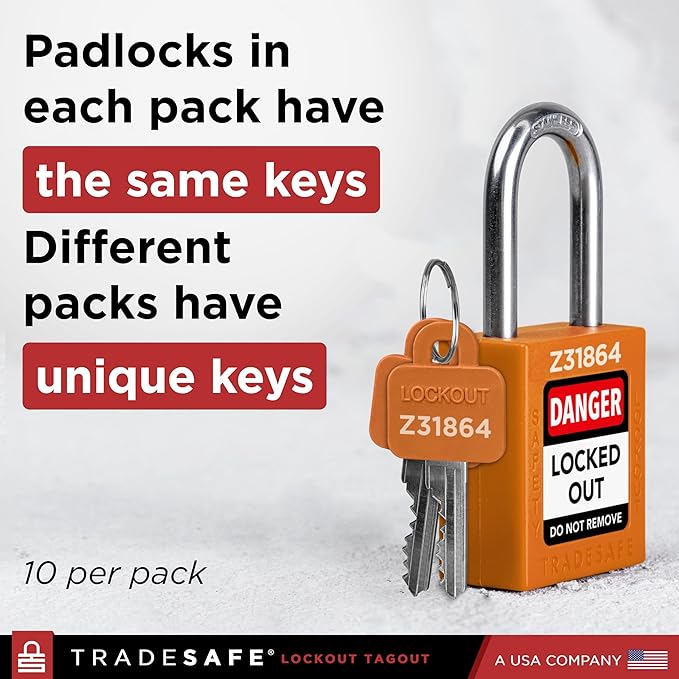 TRADESAFE Lockout Tagout Locks Set - 10 Orange Keyed Alike Padlocks, 2 Keys Per Lock, OSHA Compliant Loto Locks for Lock Out Tag Out Stations, Premium Grade