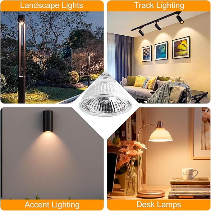 MR16 Halogen Bulbs 2 Pin, 12V 50W 6 Packs Halogen Light Bulbs Gu5.3 Base Dimmable with Clear Glass Cover, 2700K Warm White for Landscape Lights, Track Lights, Fiber Optics, Desk Lamps