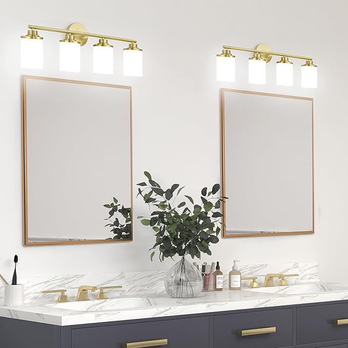 Modern 4-Light Vanity Light Fixtures with Frosted Glass, Brushed Gold Bathroom Sconces Over Mirror