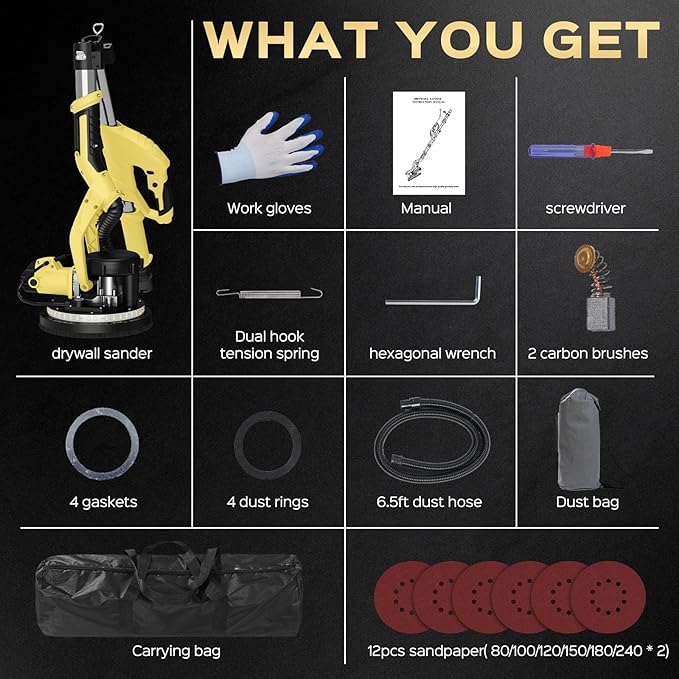 Drywall Sander, 2025 Upgraded 8-Amp Popcorn Ceiling Removal Tool with 7 Variable Speed 800-1800RPM, Drywall Sander with Vacuum Dust Collector with Extendable Handle, LED Light, 12pcs Sanding Discs