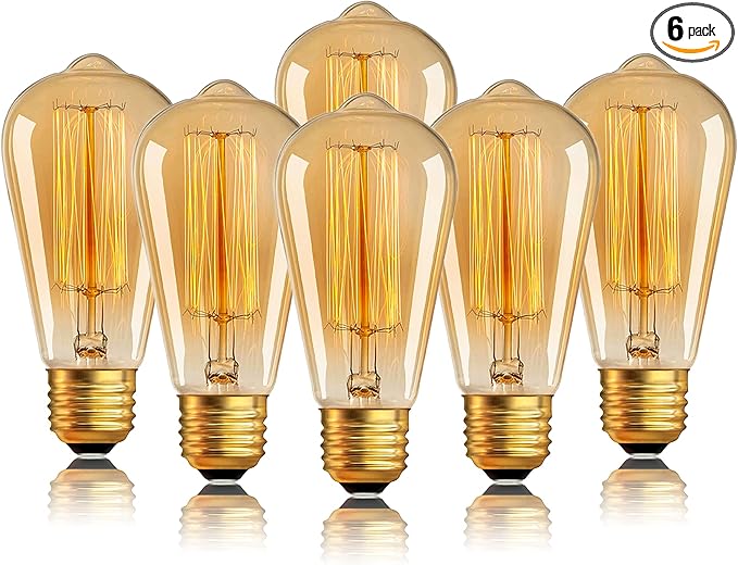 Antique Edison Light Bulbs 110V 60W 6 Pack, ST64 Decorative Incandescent Bulb 280LM 2200K Amber, Dimmable E26/E27 Base Vintage Bulbs Incandescent Light Bulbs for Chandeliers Wall Sconces