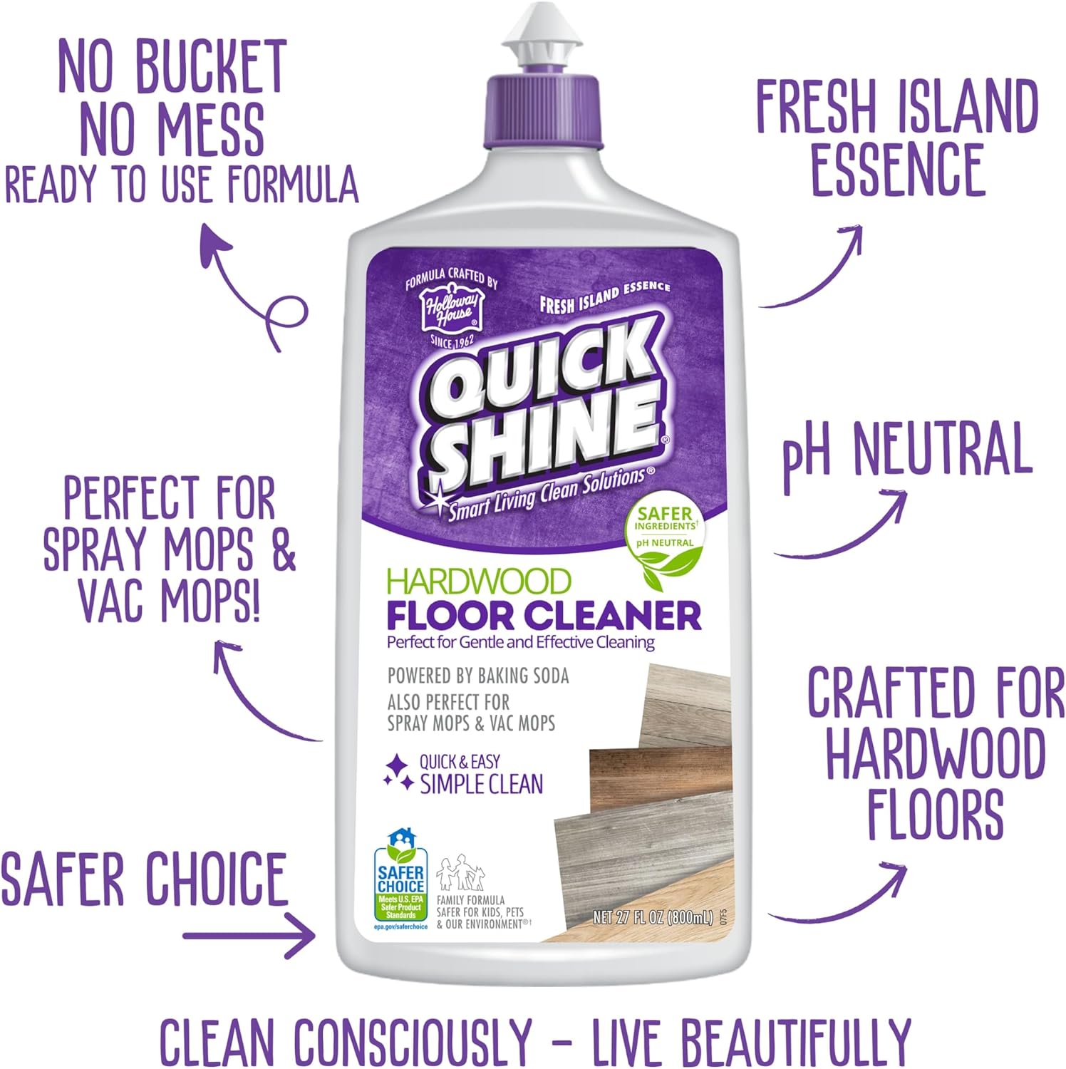 Quick Shine Hardwood Floor Cleaner 27oz| Use in Spray & Vac Mops| Removes Dirt & Scuff Marks| Ready-to-Use, Streak Free, No Rinse| Safer Choice Cleaner| Perfect for Gentle and Effective Cleaning