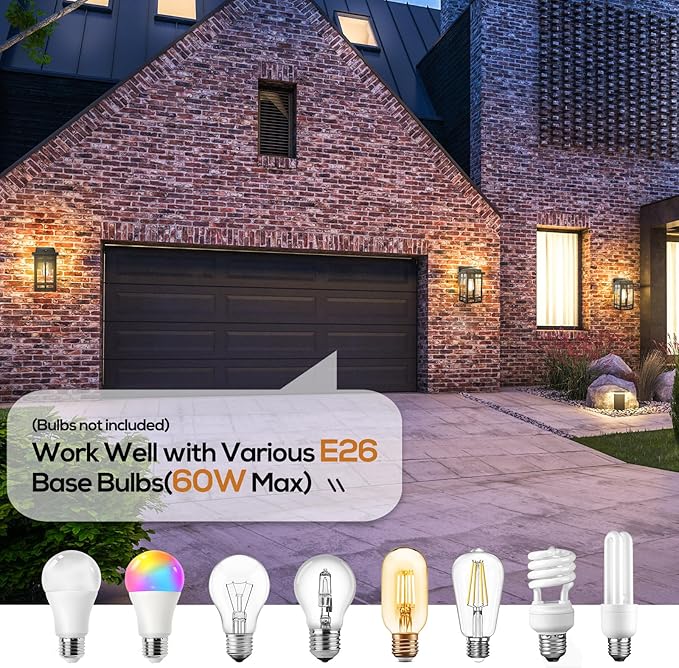 2 Packs Dusk to Dawn Outdoor Wall Lighting 9.76'', Exterior Light Fixture Wall Mount for House Front Porch Light, Black Anti-Rust Modern Outdoor Lantern with Tempered Glass Shade for Garage