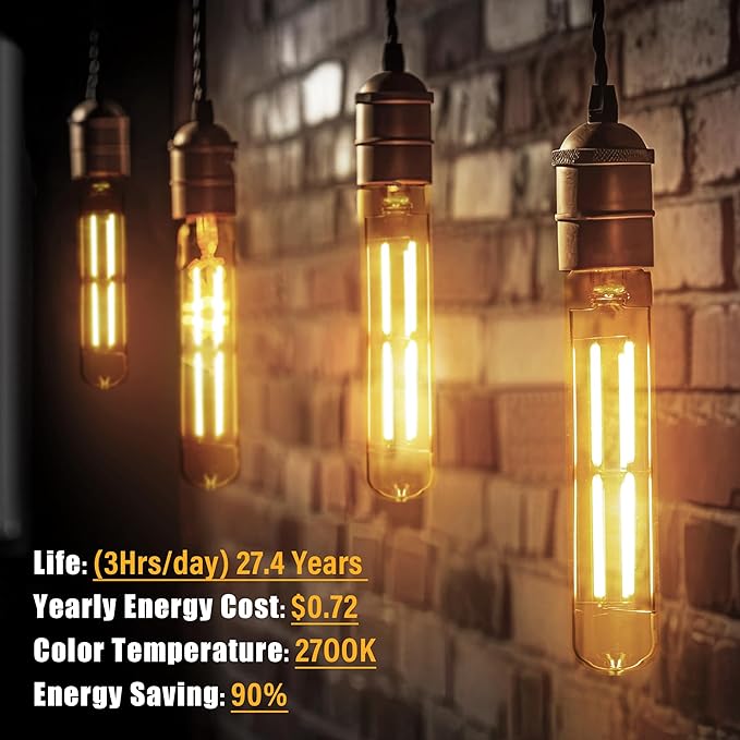 8.9IN LED Light Bulbs E26 Base, 6W 800LM 2700K Soft White T10 T9 Vintage Edison Bulbs Dimmable, AC 120V Equal 80 Watt Clear Glass Long Tubular Filament Bulb, UL Listed - 4Pack