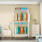 FUTASSI P1 Heavy Duty Garment Rack, 3 Tiers Adjustable Rolling Metal Closet Organizer with Lockable Wheels, FreeStanding Wardrobe with Double Hanger Rods & 1 Pair Hooks, Max Load 450 LBS, White