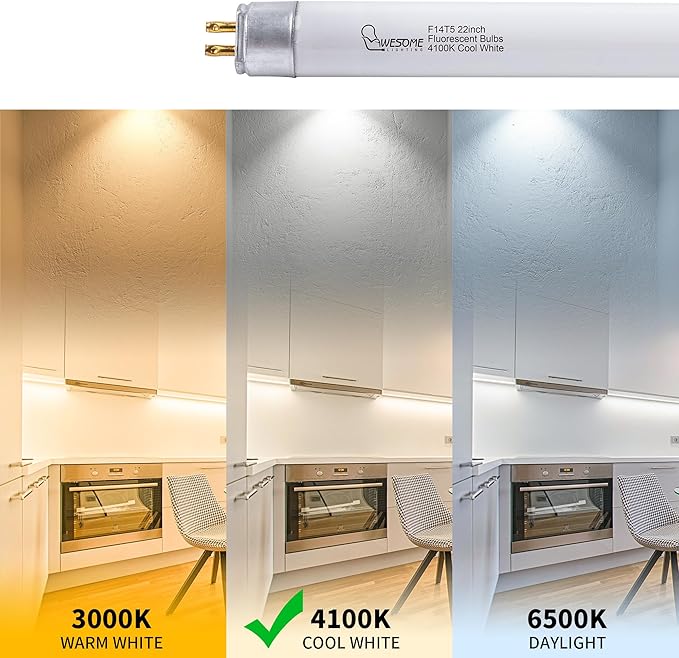 22 Inch F14T5/CW Fluorescent Light Bulb, 4100K Cool White, T5 14 Watt Fluorescent Replacement Bulb for Counter and Cabinet Fixture, G5 Base, 6 Pack