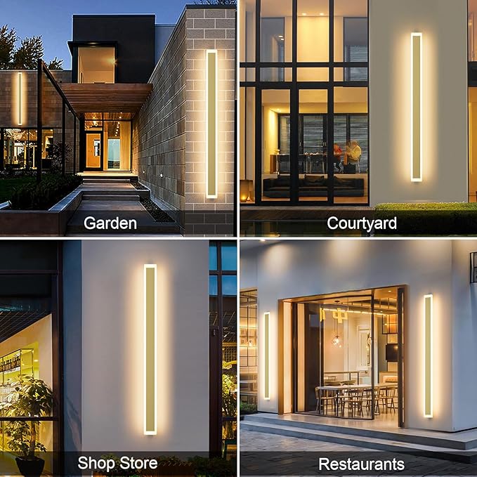 Outdoor Lights 2 Pack,Modern Outdoor Wall Light Fixture Long Strip LED Wall Sconce IP65 Anti Rust Warm Light 3000K Gold Exterior Wall Mount Lights for Entrance, Hallway, Garage, Porch