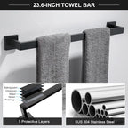 TQKAG 6-Piece Bathroom Towel Bar Sets Matte Black 23.6 inch Towel Bar Stainless Steel Towel Ring Coat Hook and Toilet Paper Holder Bathroom Hardware Set Wall Mounted Bathroom Accessories Kit