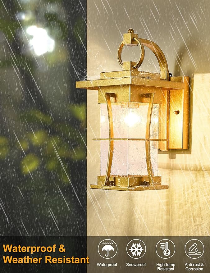 Gold Dusk to Dawn Outdoor Wall Lantern Exterior Light Fixtures Wall Mount Porch Light with Photocell Sensor Waterproof Outside Sconce for House, Patio, Garage,Seeded Glass Outside Wall Lamps