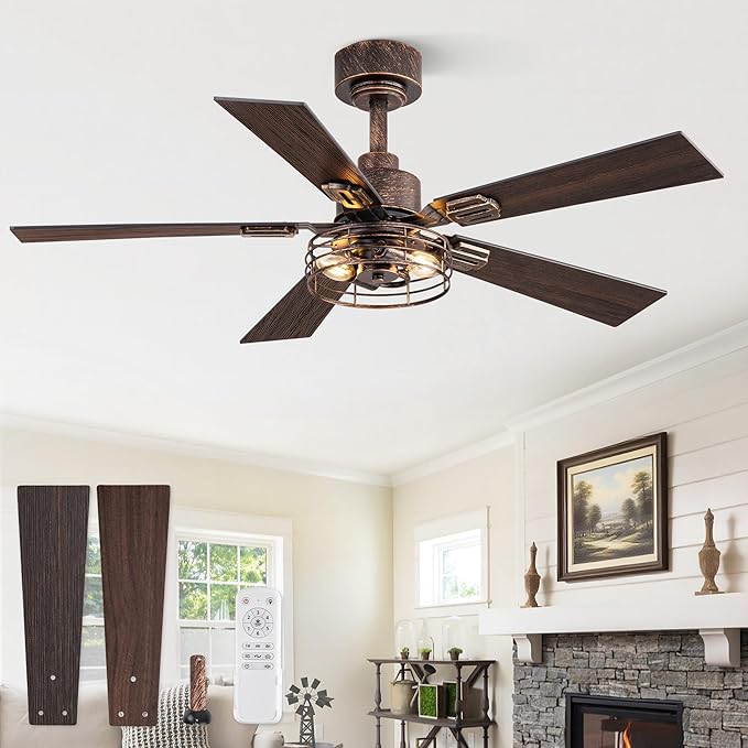 1 Pack Farmhouse 42 Inch Ceiling Fans with Lights, Industrial Caged Ceiling Fans for Bedroom Living Room, Double-Sided 5 Blades Rustic Ceiling Fan-Black Gold