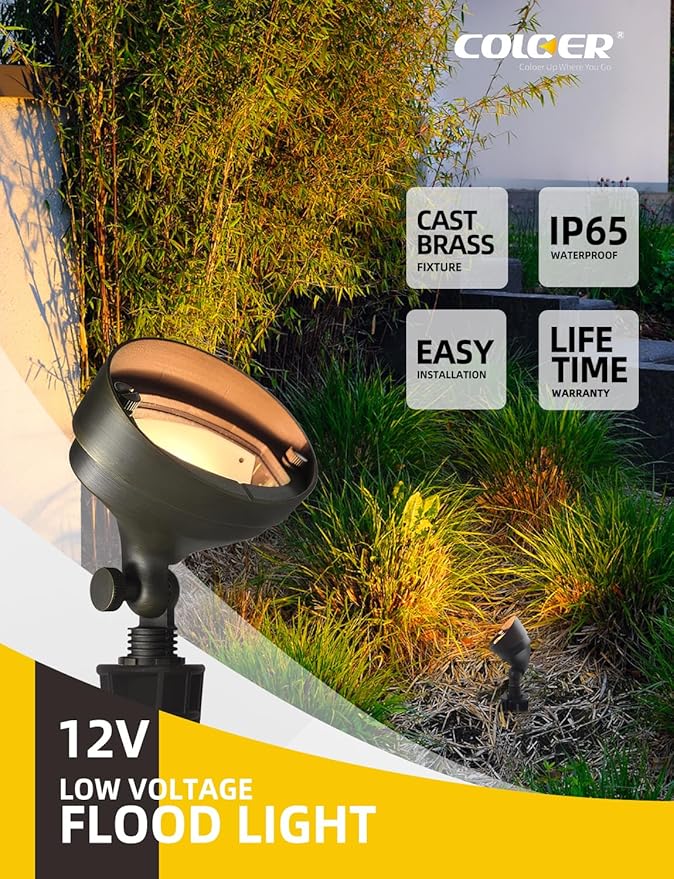 COLOER Die-cast Brass Landscape Wall Wash Lighting, 9-17 Volt Flood Lights Outdoor, Bronze LED Floodlight Fixture for Illuminating Signs, Walls and Plant Material(501B,12-Pack Without Bulb)