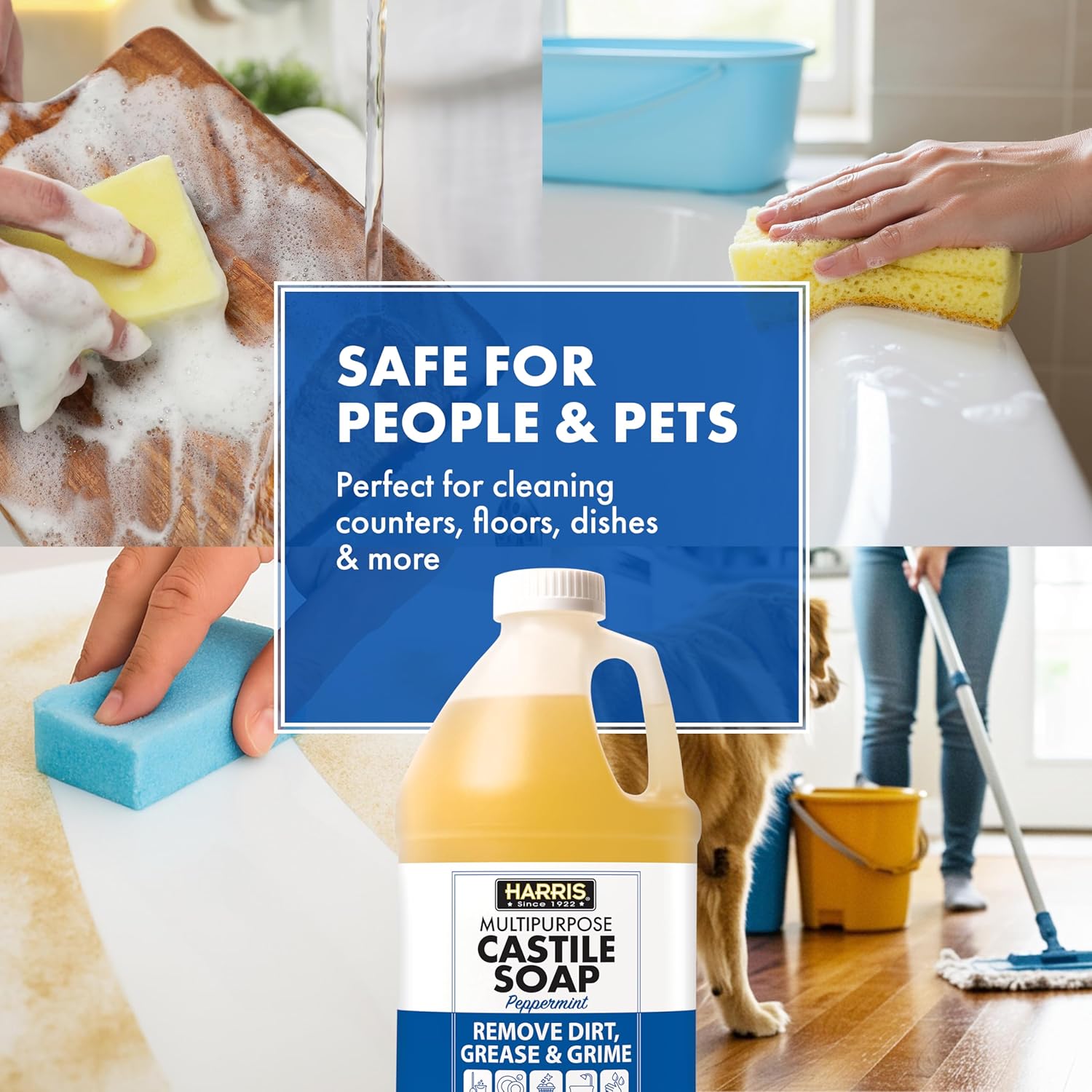 HARRIS Multi-Purpose Pure Liquid Castile Soap for Home Cleaning, Multi-Purpose Cleaner, For Dish Soap, Laundry Detergent, Kitchen and Bathroom Surfaces, Kids Rooms, Scented with Peppermint Oil, 64 Oz