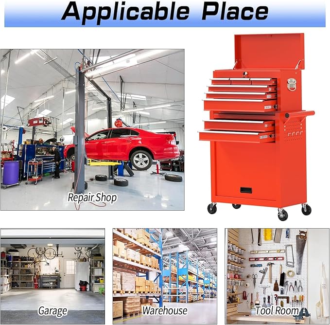 8 Drawer Rolling Tool Chest, High Capacity Tool Box with Lockable Wheels and Drawers, 2 in 1 Portable Toolbox Organizer Storage Cabinet for Garage, Warehouse, Repair Shop, Red