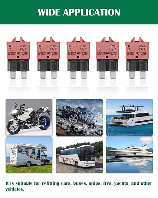LENKRAD Automotive 10 Amp ATC/ATO Resettable Fuse 10A Manual Reset Standard Blade 10Amp Fuses Manual-Reset Circuit Breaker for Car Truck RV Marine Boat Trolling Motorhome, 5 Pack