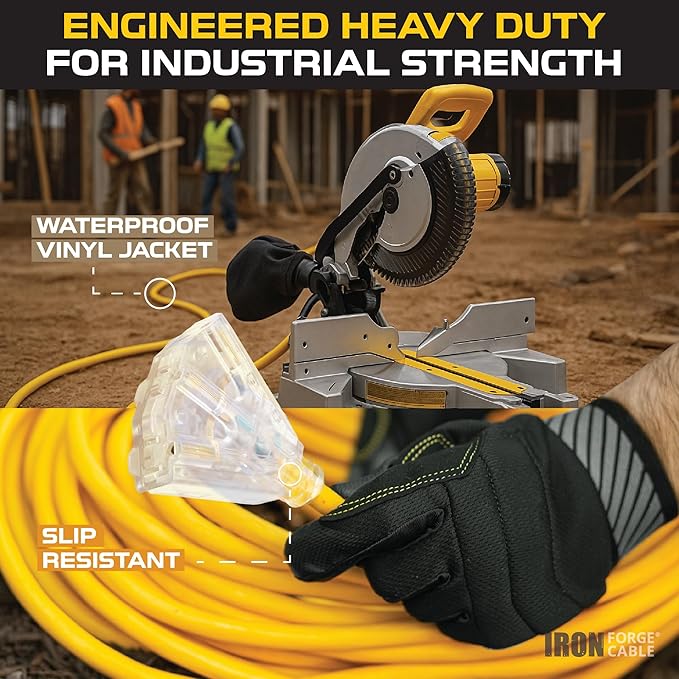 Iron Forge Cable 10 Gauge 25ft Lighted Outdoor Heavy Duty Extension Cord with 3 Outlets - 15 Amp 10/3 SJTW Yellow Extension Cord with Multiple Outlets