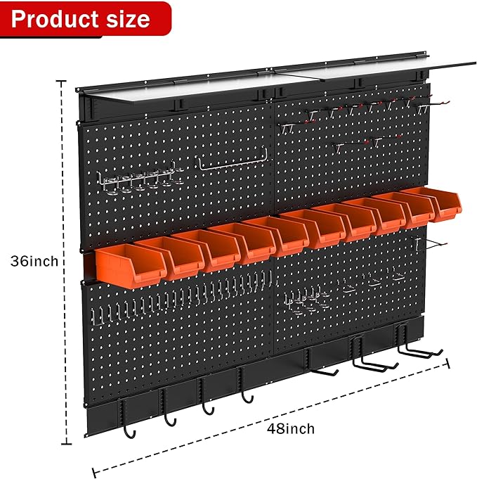 Ultrawall Black Pegboard Wall Organizer, 48X 36 inch for Garage Storage with Hooks, Storage Bins, Tool Panel Organizer, 72pcs