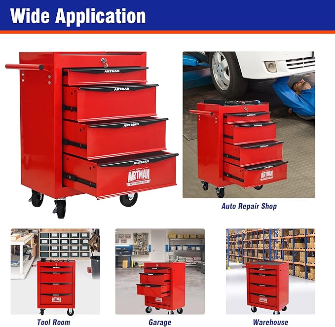 4 Drawers Rolling Tool Box on Wheels, Multifunctional Tool Chest Cabinet with Lock, Drawers Rolling Tool Cart Trolley Organizer Tool Storage Case for Warehouse,Garage,Workshop (Red)