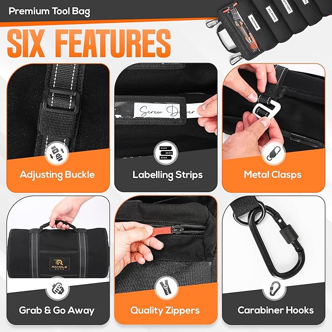 Roll up tool bag organizer with Carabiners - 5 Large Oversized Pockets with Labels-Tool roll bag organizer - Canvas foldable tool Bag organizer | Tool organizer bag for Mechanic, Electrician & more