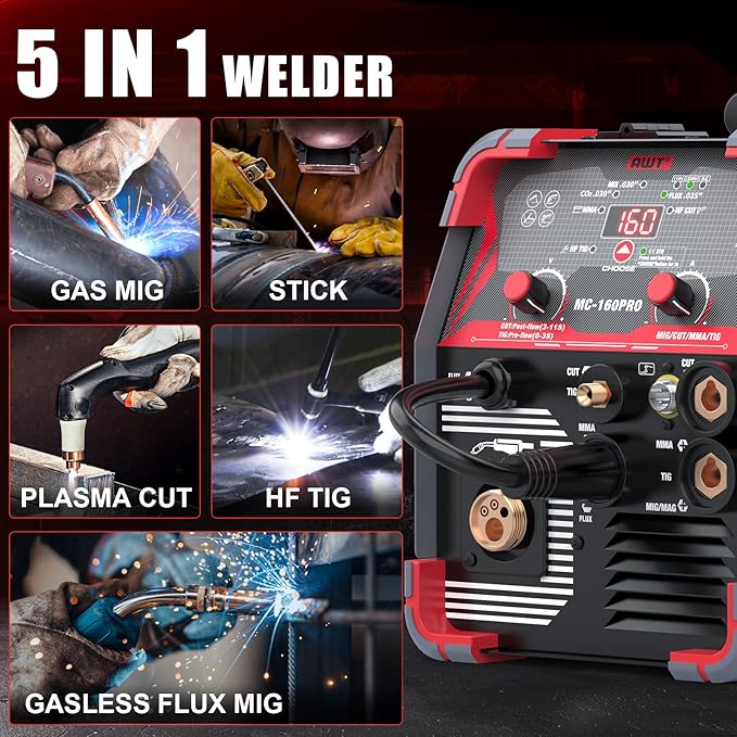 AWT MIG Welding Machine,160A 5 in 1 Plasma Cutter Welder Combo HF TIG/Gas MIG/Flux MIG/Stick Welding,110/220V Dual Voltage, Multi-Process Welder MIG88-160M