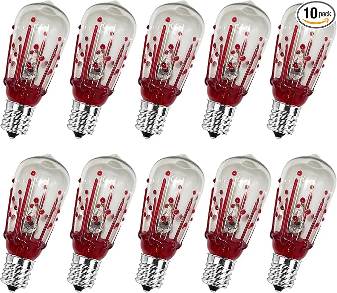 ST40 Flicker Flame Light Bulbs, 10 Count Christmas Red Incandescent Bulbs, E17 Screw Base, Dimmer Compatible, UL Listed for Indoor Outdoor Use, 1 Watt, 120 Volts, 1500 Hours Lifespan