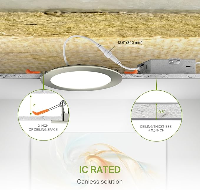 ASD 6 Pack LED Recessed Lighting 6 Inch 12W, 5 CCT 2700K-5000K CRI90+, IC Rated Ultra Thin Dimmable Ceiling Lights with J Box, Canless Wafer Downlight, Round Slim Panel Light, Energy Star ETL, Nickel