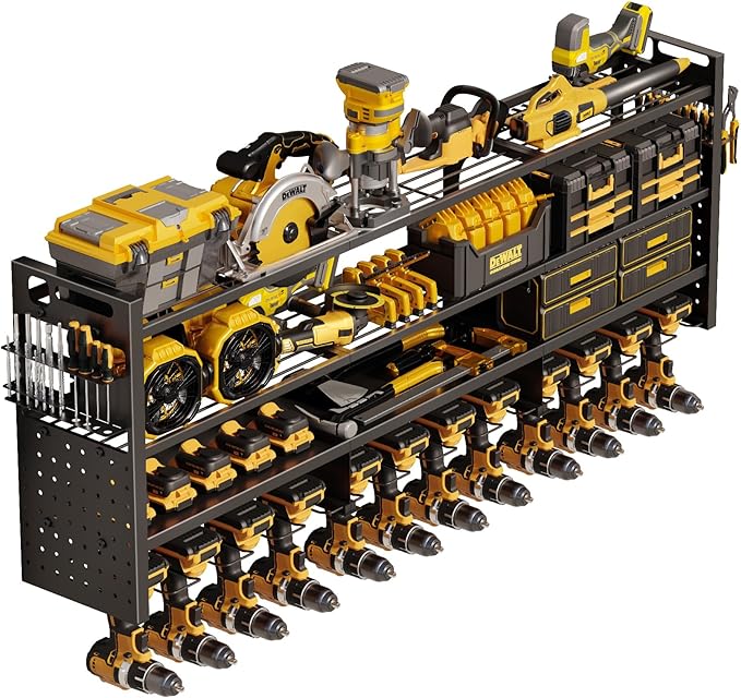 Large 49''W Power Tool Organizer Wall Mount | 620lbs Garage Storage Rack with 12 Cordless Drill Holder | 4-Tier Heavy Duty Utility Shelf for Battery Workshop Organization