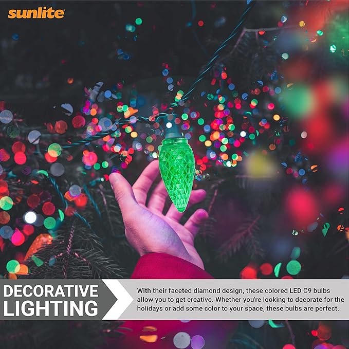 Sunlite 40464 LED C9, Holiday Decorative Light Bulb, 0.4 Watts, E17 Intermediate Base, Faceted Christmas-Lights; Nightlight, Green, 24 Count