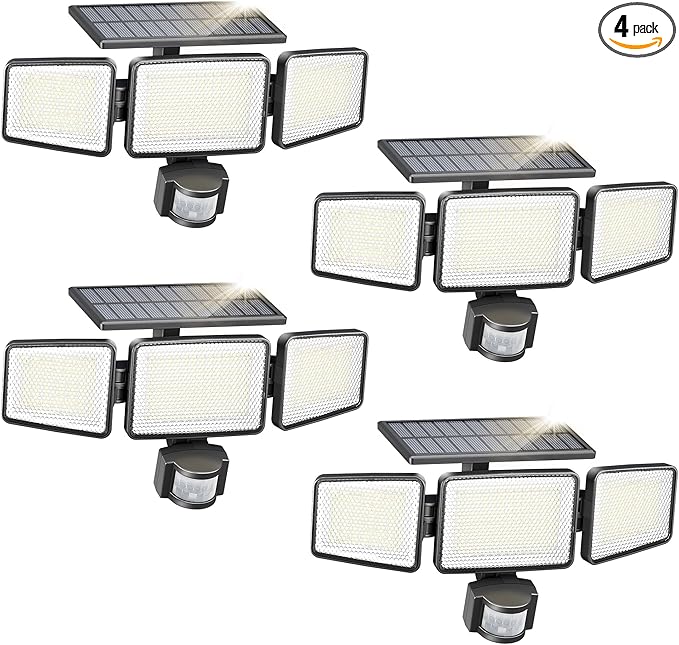 Philips Solar Security Light Outdoor 302 LED 1200lm，Solar-Powered Waterproof Wall-Mounted Flood Light w/PIR Motion Sensor, 3 Heads, IP65 Waterproof, 3 Modes (4 Packs)
