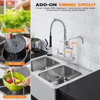 25" Height Commercial Faucet with Sprayer, 8" Adjustable Center & 12" Add-on Swing Spout, Wall Mount Pre Rinse Commercial Sink Faucet for Commercial Restaurant Industrial Kitchen (Chrome)