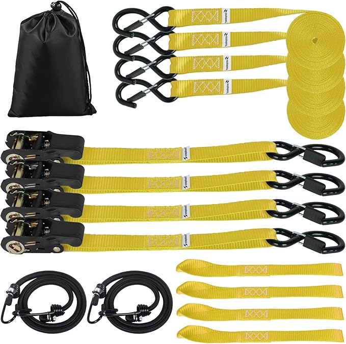 Ratchet Tie Down Straps 4 Pack -15 FT - 2200 LB Heavy Duty Srap for Trucks Cargo Ropes Tie Down Ratchet Rope Set Truck Bed with Safety Lock S Hooks Moving Hold Down-Yellow