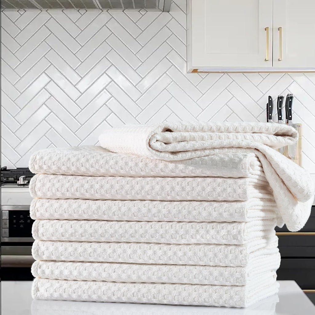 POLYTE Ultra Premium Microfiber Kitchen Dish Hand Towel Waffle Weave, 8 Pack (16x28 in, Off White)