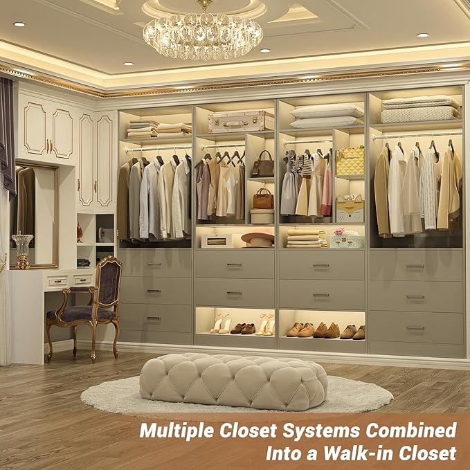 4FT Closet Systems with 5 Wood Drawers, 48 Inch Closet Organizer System with 2 Hanging Rods & 7 Shelves, Heavy Duty 48" Walk-in Closet, Grey (48"L x 15" W x 80" H)